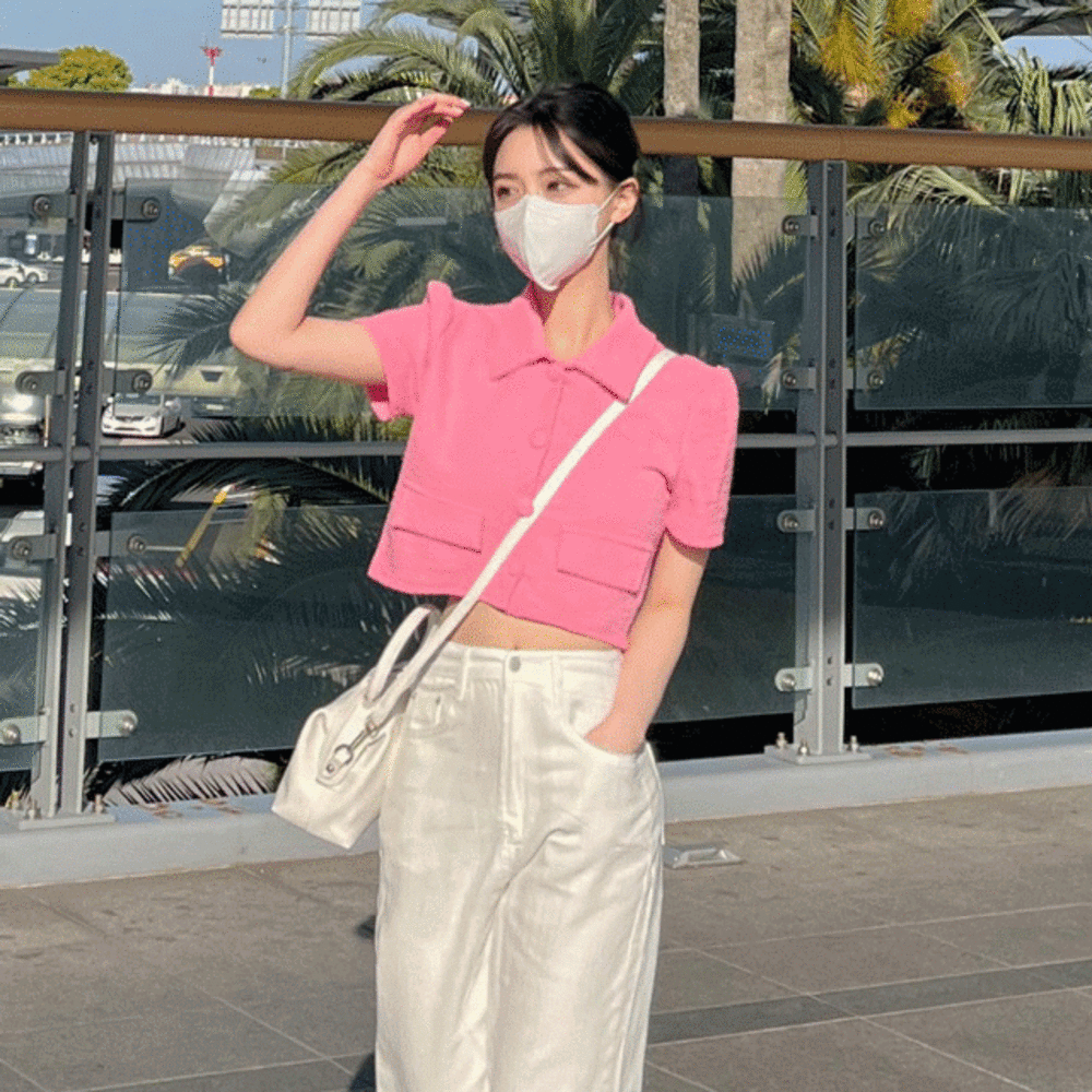 [썸머트위드/강추!!]  카라 포켓 퍼프 소매 트위드 반팔 크롭 자켓 카라 여름 숏 가디건 데이트룩 아이보리 핑크 옐로우