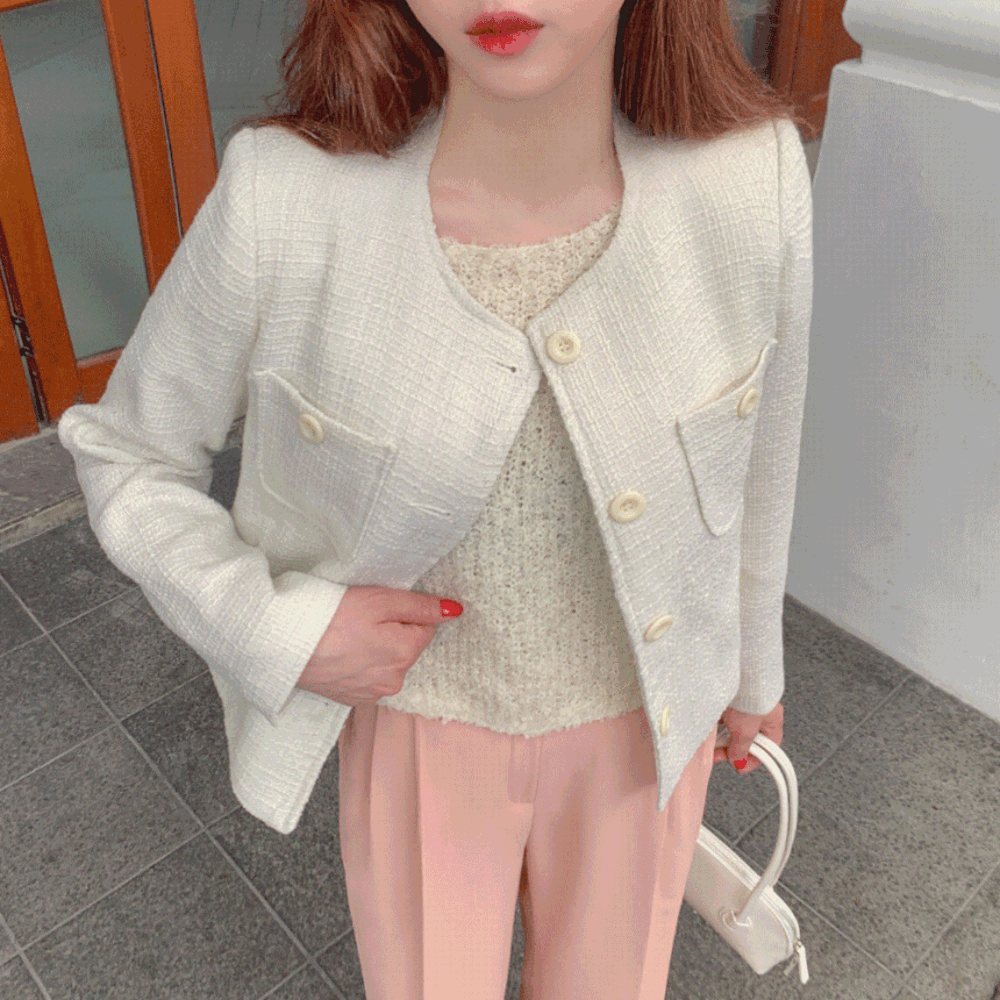 무배🚀 [핏보장❣진짜추천ㅠㅠ] 영롱색감 하이퀄 로맨틱 노카라 포켓 재킷 하객룩 라운드넥 간절기 트위드 자켓 민트 핑크 아이보리 블랙